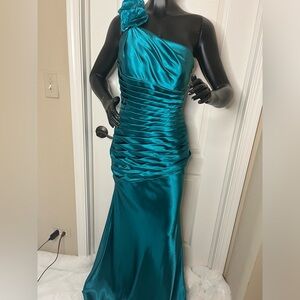 My dreams and More formal teal green satin one shoulder dress